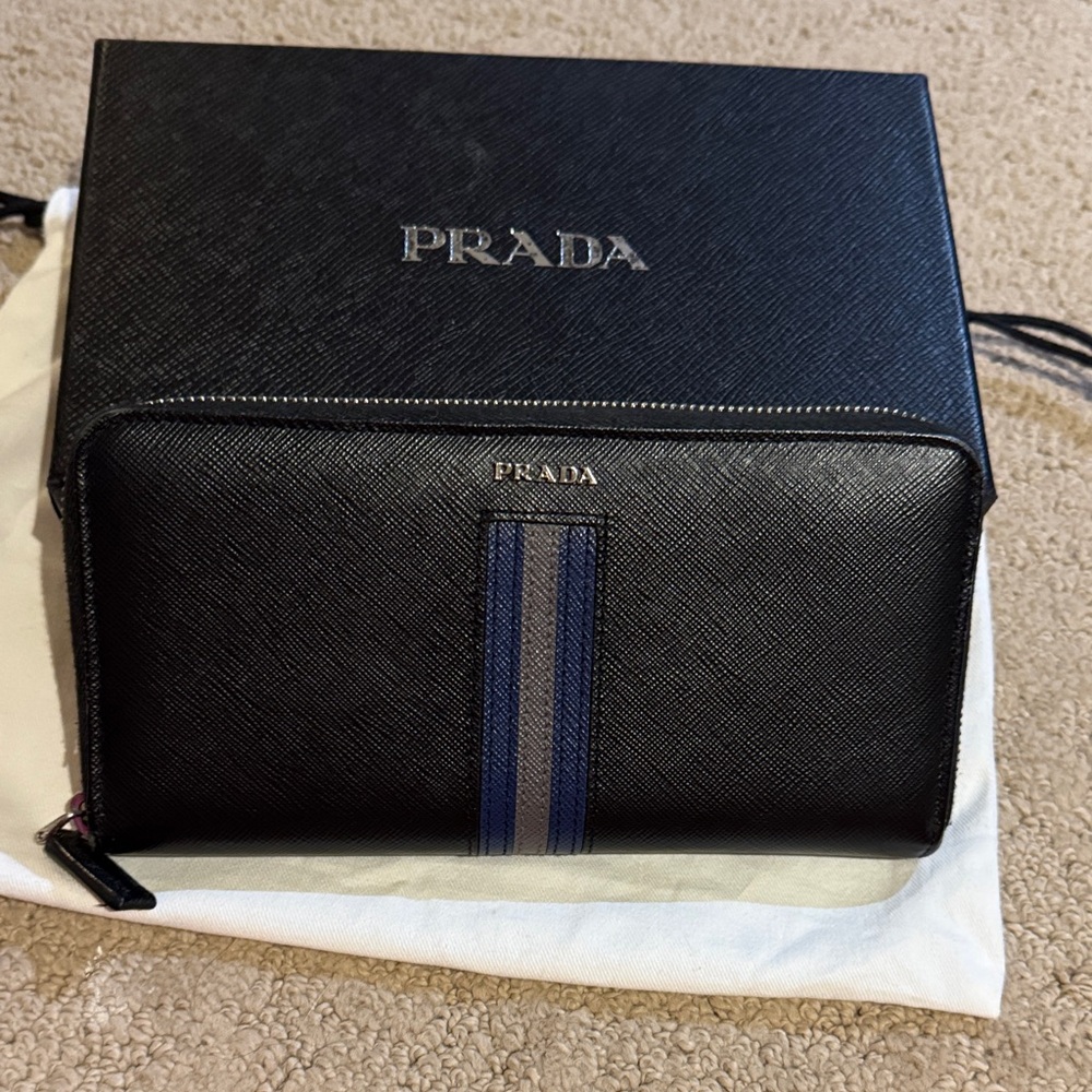 Prada Black wallet with Blue Stripe